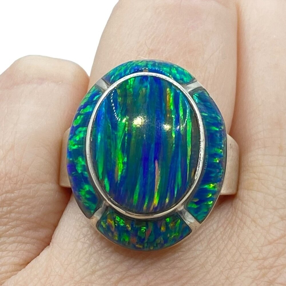 Signed Ted Ott Navajo Sterling Silver Inlay Opal Ring Size  7.5  Statement Nativ